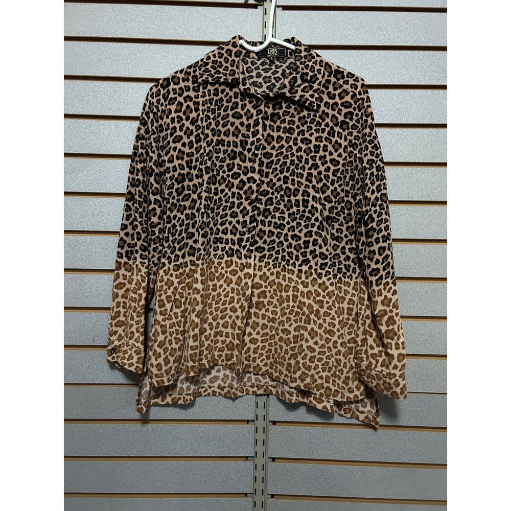 L&B Lucky & Blessed Leopard Print Ombre Button Down Blouse Small Brown Tan